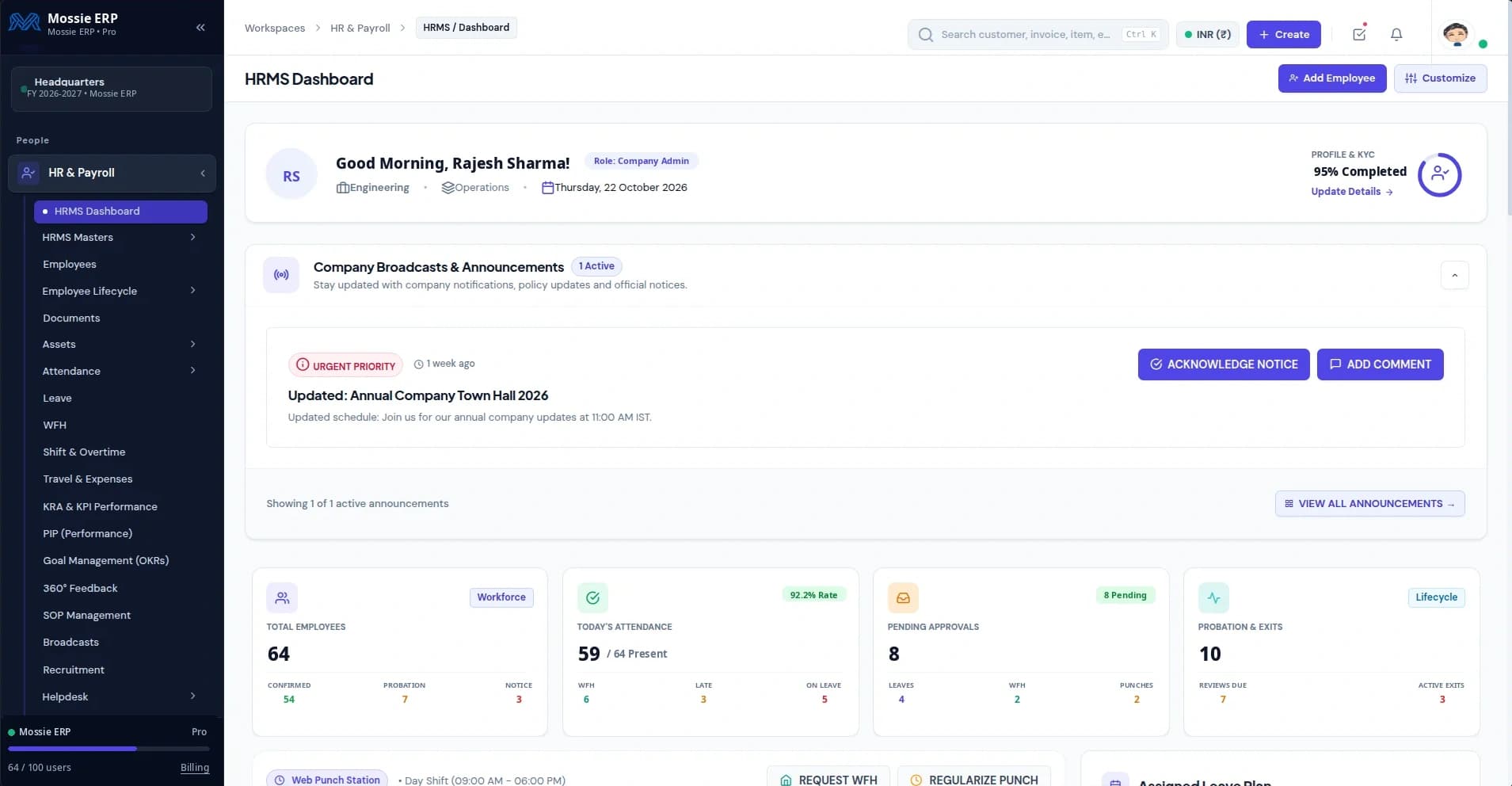 Mossie ERP HRMS & Payroll Dashboard Preview